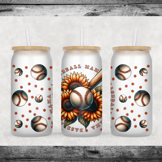 Baseball Mama Sunflower Glass Can