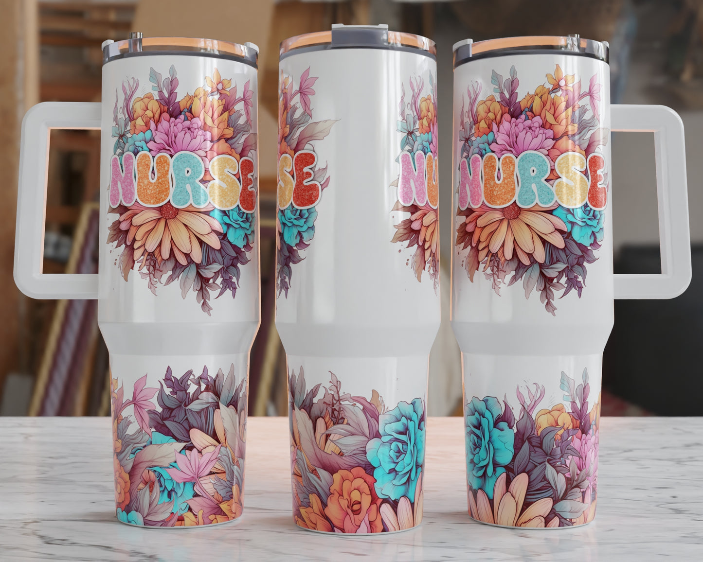 Nurse Floral BIG Tumbler with Handle