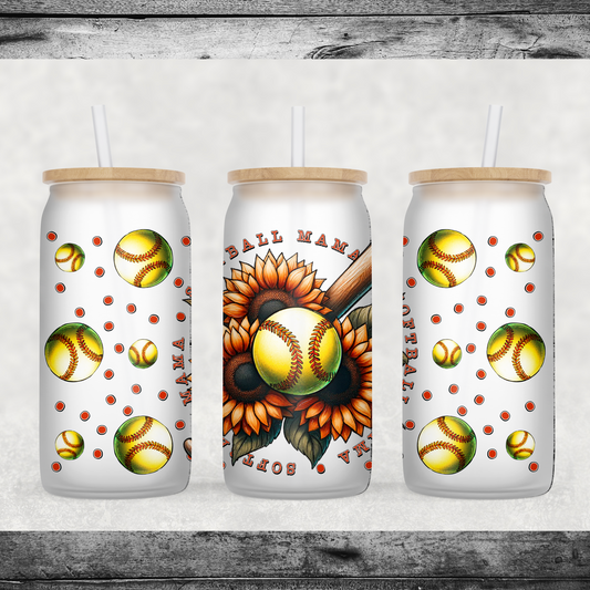 Softball Mama Sunflower Glass Can