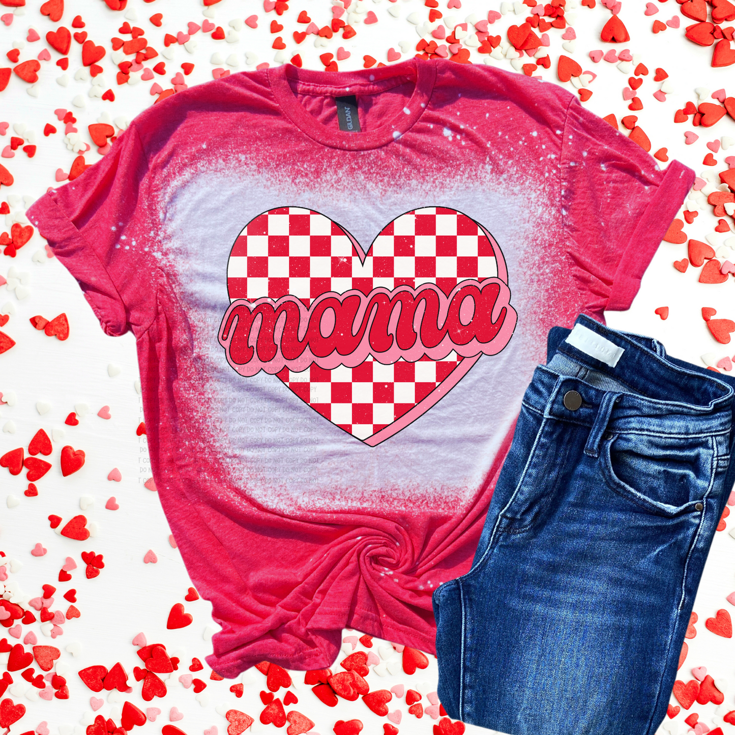 MAMA Checkered Heart Valentine Bleached Distressed Tee Shirt