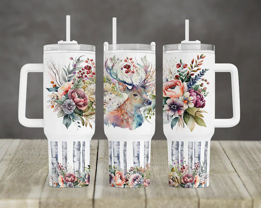 Floral Deer BIG Tumbler with Handle