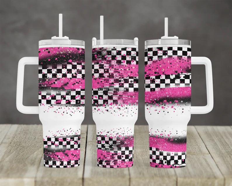 Pink Racing flag BIG Tumbler with Handle