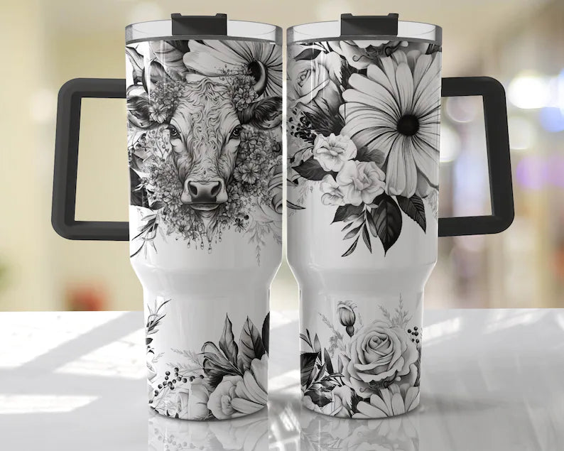 Black and white Cow BIG Tumbler with Handle