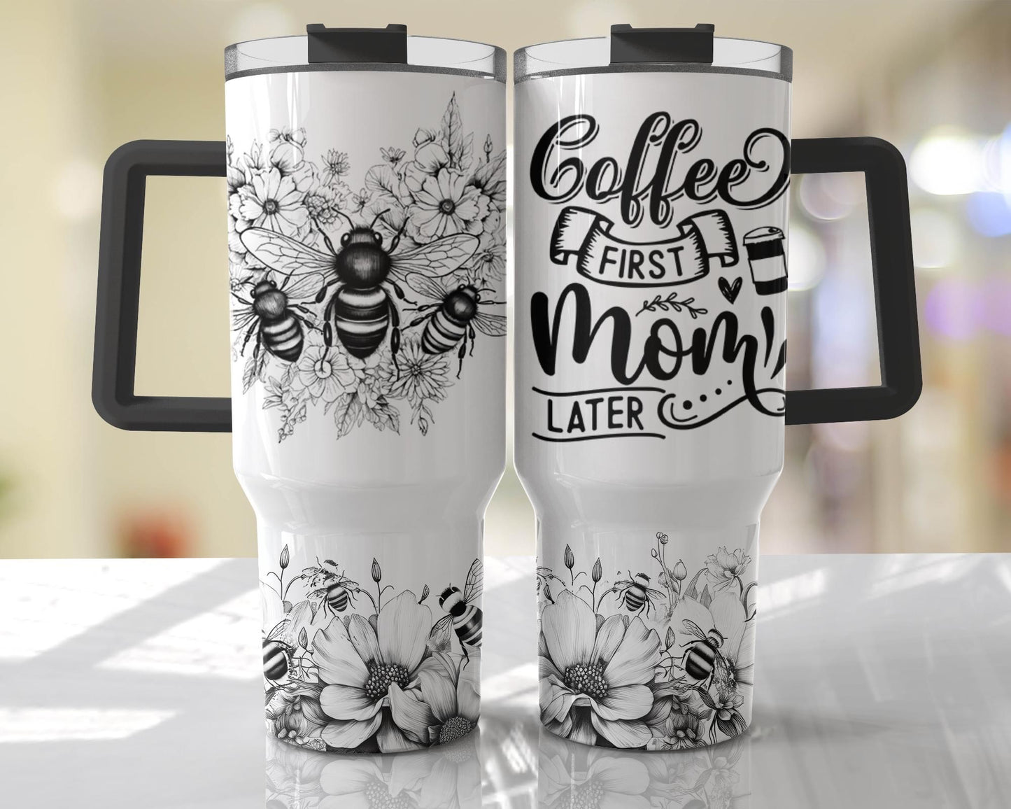 Coffee first mom later BIG Tumbler with Handle