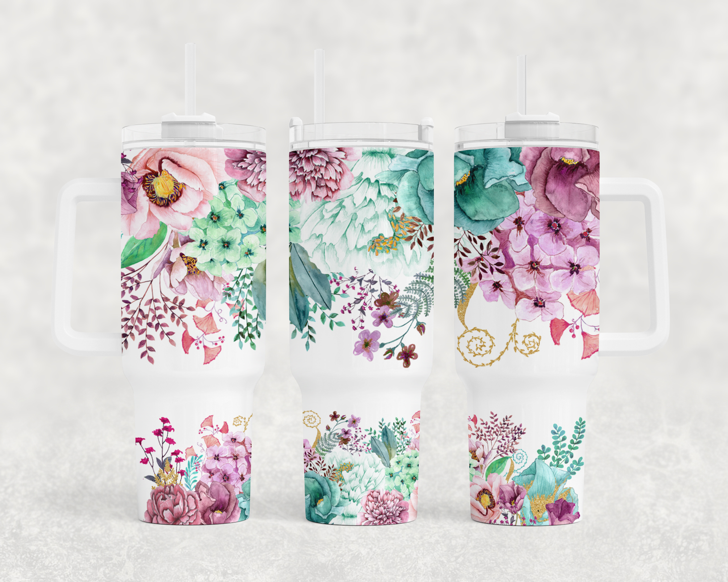 Pink and mint floral BIG Tumbler with Handle