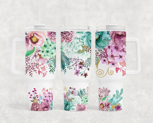 Pink and mint floral BIG Tumbler with Handle