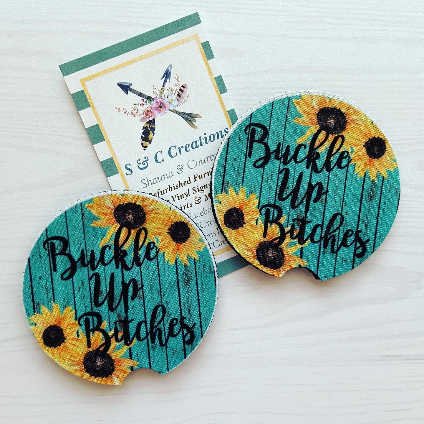 Buckle Up Bitches Sunflower Car Coaster Set