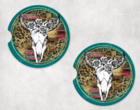 Leopard Serape Skull Car Coaster Set