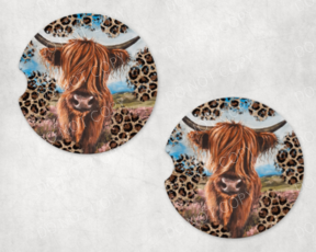 Leopard Highland Cow Car Coaster Set