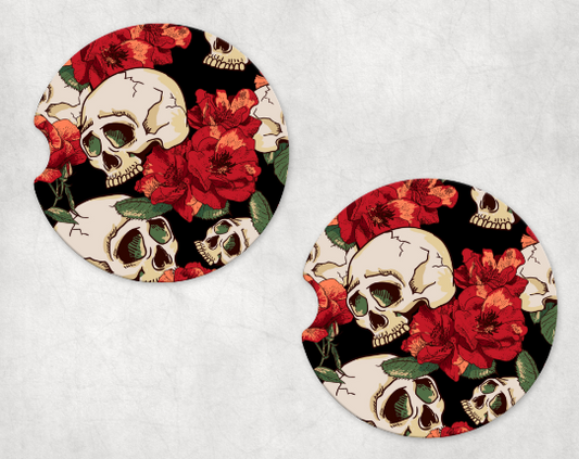 Skull Red Flowers Car Coaster Set