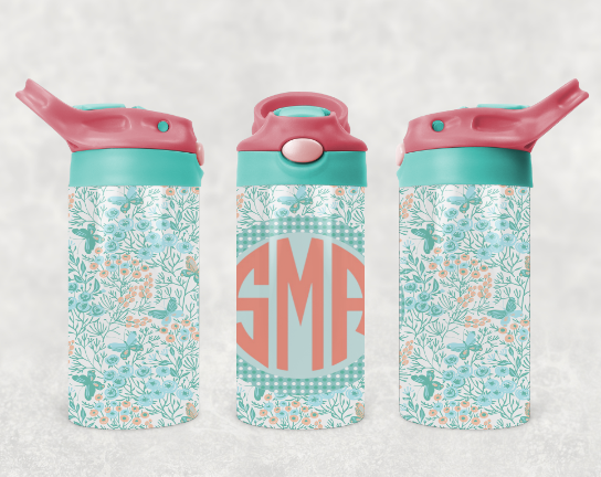 Blue Floral Butterfly Monogram Kids Tumbler