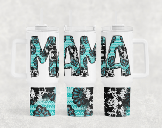 Cow and turquoise Mama BIG Tumbler with Handle