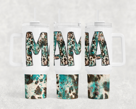 Turquoise and Cow Mama BIG Tumbler with Handle