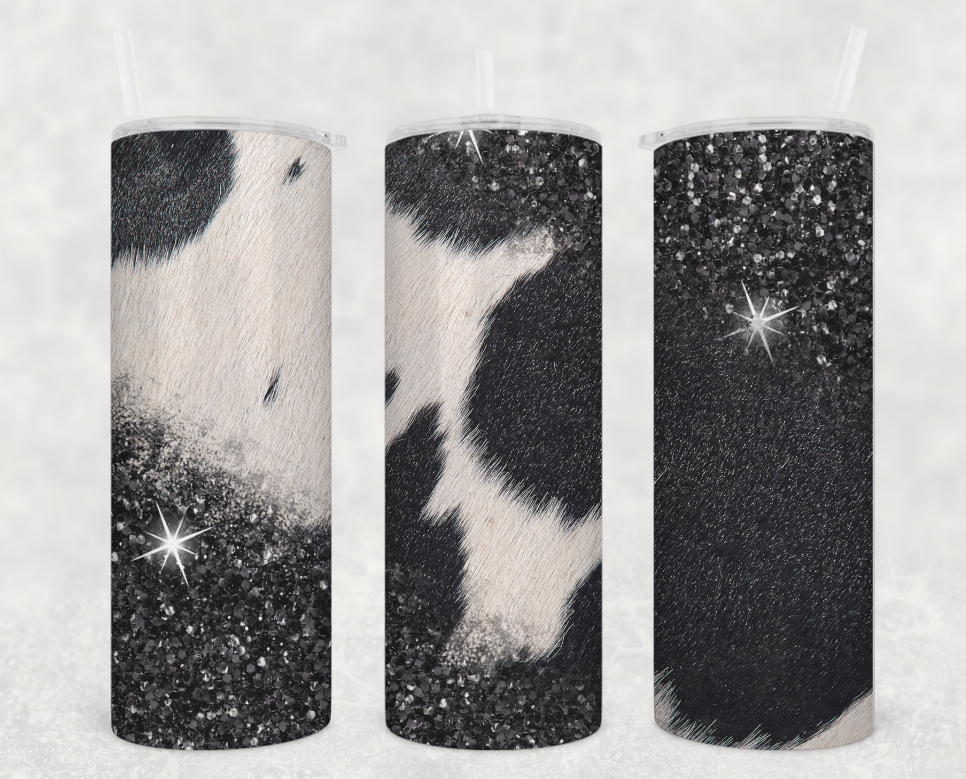 Black Cow Print and Glitter Tumbler