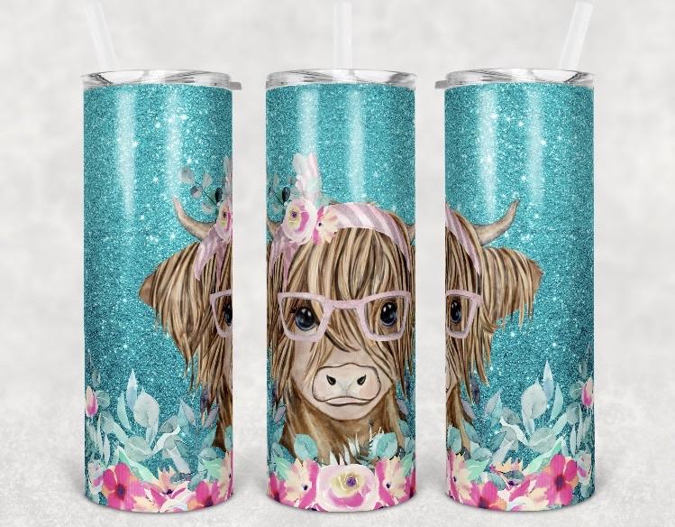 Cute Teal Glitter Highland Cow Tumbler